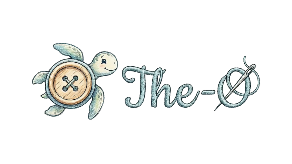 The-O Logo mit einer niedlichen Schildkröte, die einen Knopf als Panzer trägt, neben dem Schriftzug The-O mit Nadel